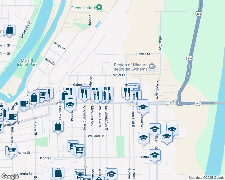 map of restaurants, bars, coffee shops, grocery stores, and more near 626 East Main Street in Welland