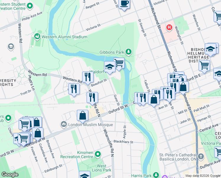 map of restaurants, bars, coffee shops, grocery stores, and more near in London