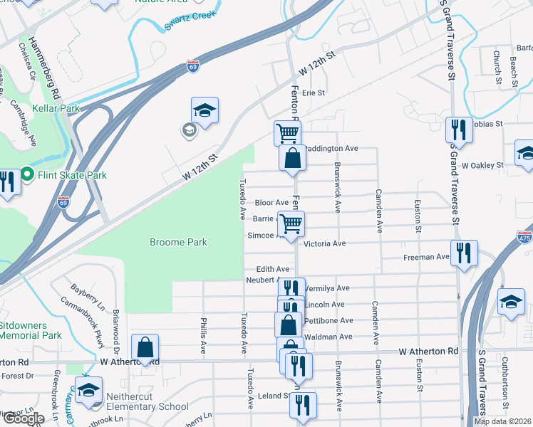map of restaurants, bars, coffee shops, grocery stores, and more near 1121 Barrie Avenue in Flint
