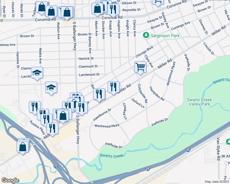 map of restaurants, bars, coffee shops, grocery stores, and more near 3117 Miller Road in Flint