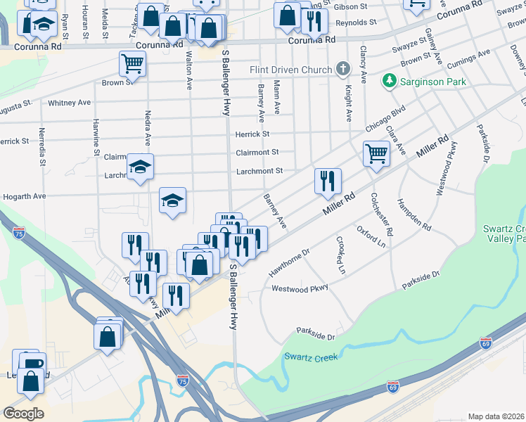 map of restaurants, bars, coffee shops, grocery stores, and more near 3505 Brandon Street in Flint