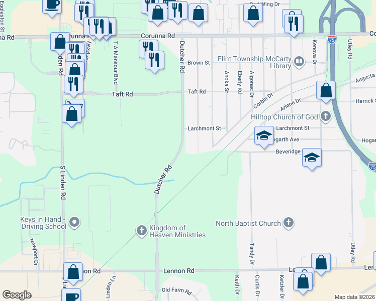 map of restaurants, bars, coffee shops, grocery stores, and more near 2261 Dutcher Road in Flint