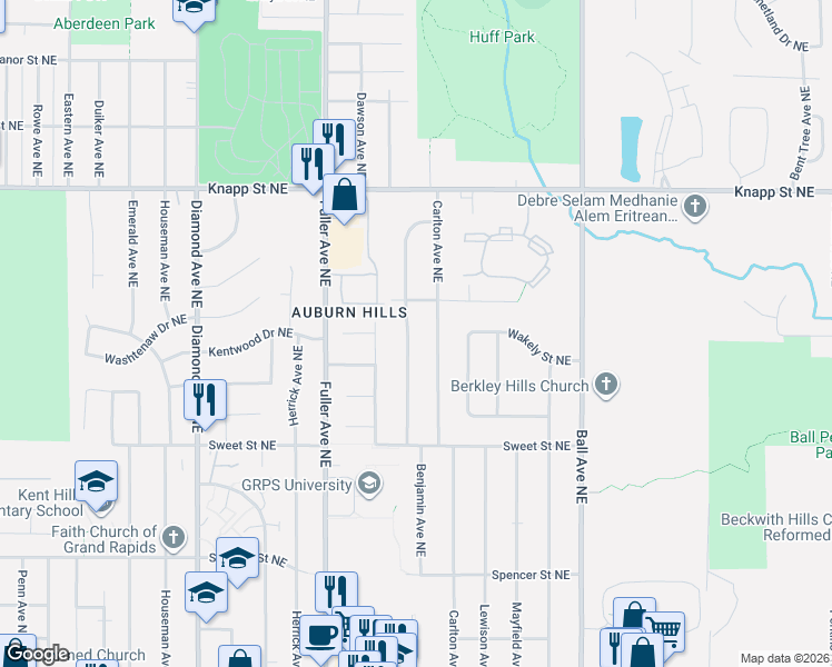 map of restaurants, bars, coffee shops, grocery stores, and more near 1754 Benjamin Avenue Northeast in Grand Rapids