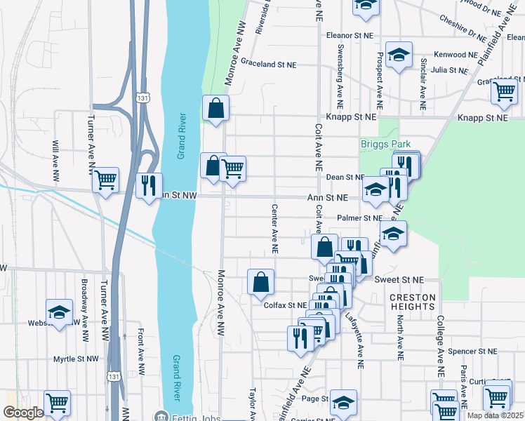 map of restaurants, bars, coffee shops, grocery stores, and more near 26 Palmer Street Northeast in Grand Rapids