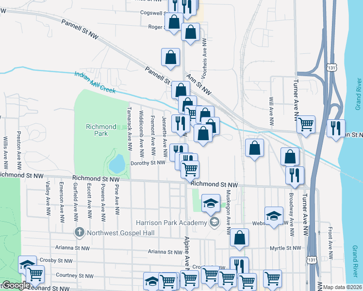 map of restaurants, bars, coffee shops, grocery stores, and more near 1661 Alpine Avenue Northwest in Grand Rapids