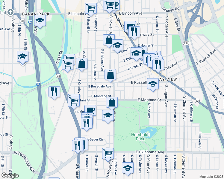map of restaurants, bars, coffee shops, grocery stores, and more near 2751 South Howell Avenue in Milwaukee