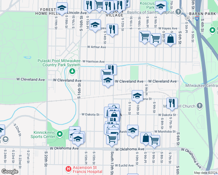 map of restaurants, bars, coffee shops, grocery stores, and more near 2743 South 14th Street in Milwaukee