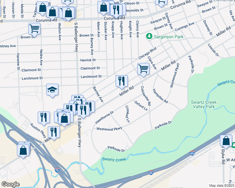 map of restaurants, bars, coffee shops, grocery stores, and more near 3117 Miller Road in Flint