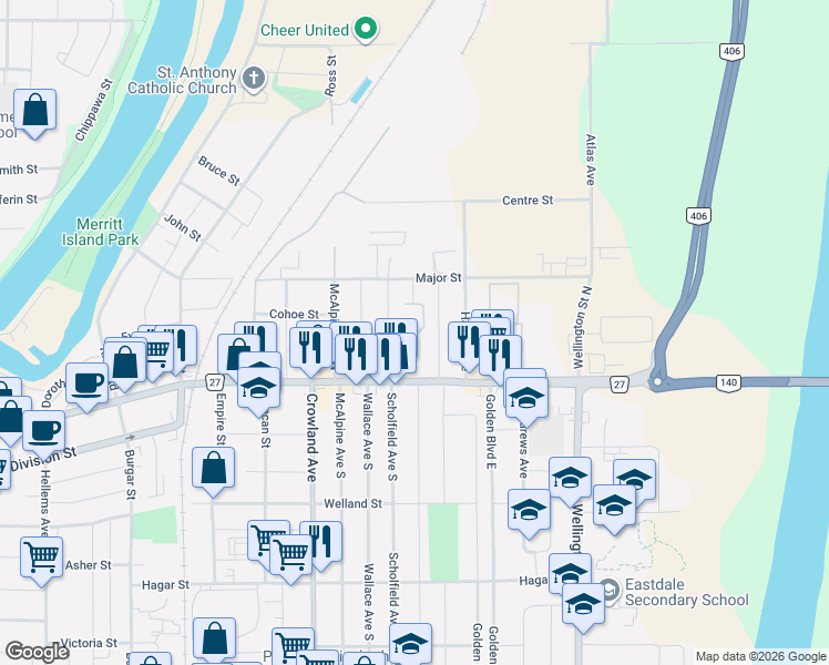 map of restaurants, bars, coffee shops, grocery stores, and more near 626 East Main Street in Welland