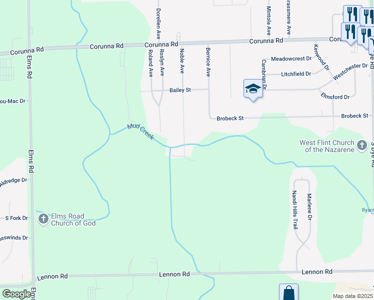 map of restaurants, bars, coffee shops, grocery stores, and more near 2263 Noble Avenue in Flint