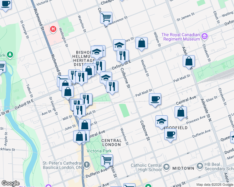 map of restaurants, bars, coffee shops, grocery stores, and more near 19 Yale Street in London
