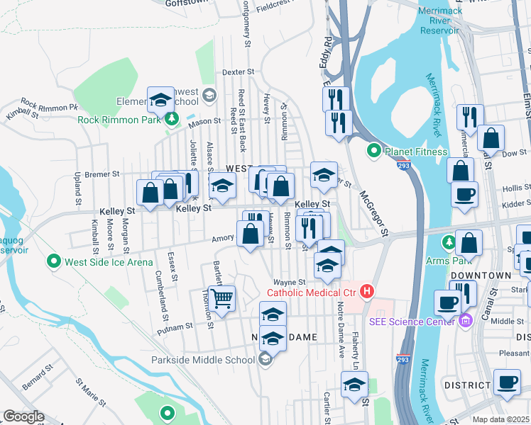 map of restaurants, bars, coffee shops, grocery stores, and more near 503 Hevey Street in Manchester
