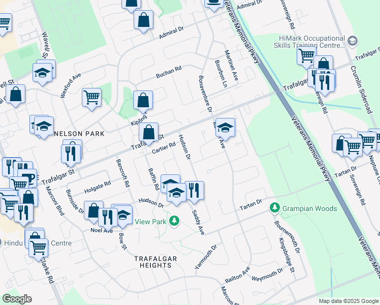 map of restaurants, bars, coffee shops, grocery stores, and more near 415 Hudson Drive in London
