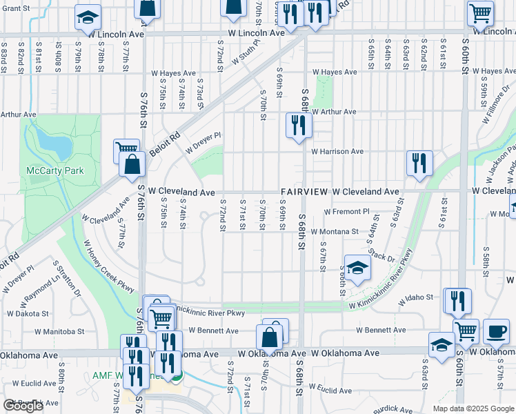 map of restaurants, bars, coffee shops, grocery stores, and more near 2729 South 70th Street in Milwaukee