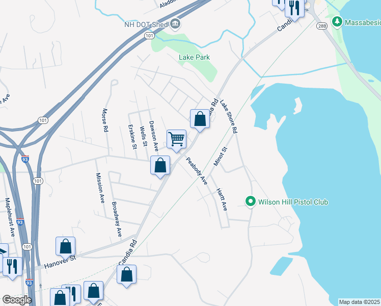 map of restaurants, bars, coffee shops, grocery stores, and more near 1531 Candia Road in Manchester