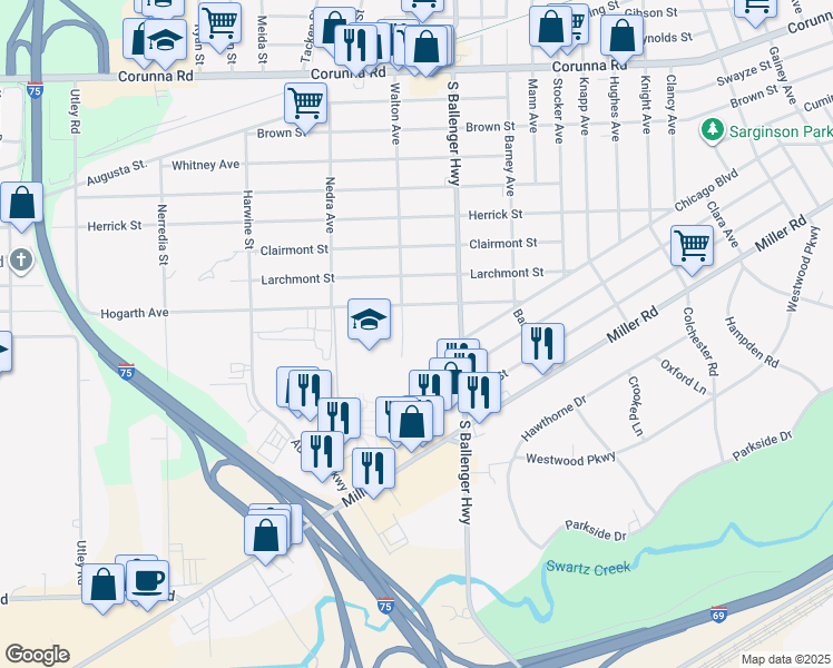map of restaurants, bars, coffee shops, grocery stores, and more near 2184 South Ballenger Highway in Flint