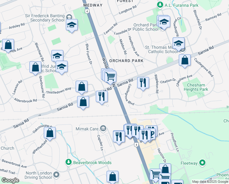 map of restaurants, bars, coffee shops, grocery stores, and more near 914 Wonderland Road in London