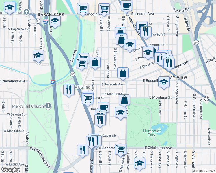 map of restaurants, bars, coffee shops, grocery stores, and more near 2732-2734 South Burrell Street in Milwaukee