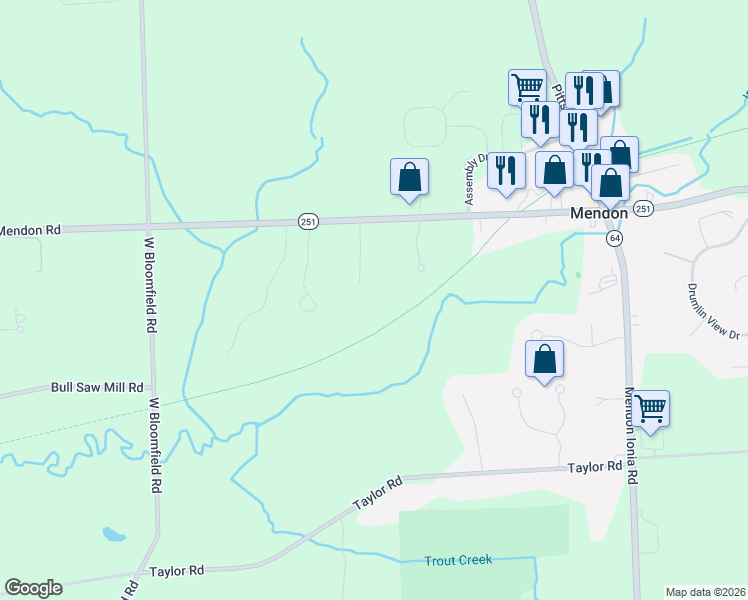 map of restaurants, bars, coffee shops, grocery stores, and more near 12 Shone Circle in Mendon