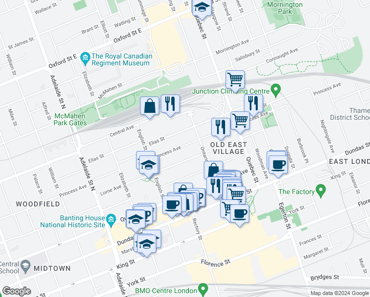 map of restaurants, bars, coffee shops, grocery stores, and more near 843 Princess Avenue in London