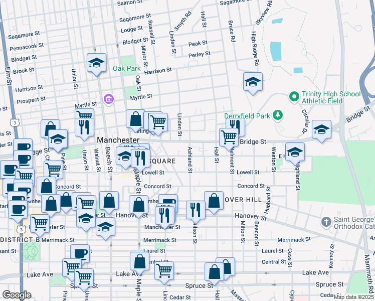 map of restaurants, bars, coffee shops, grocery stores, and more near 94 Ashland Street in Manchester
