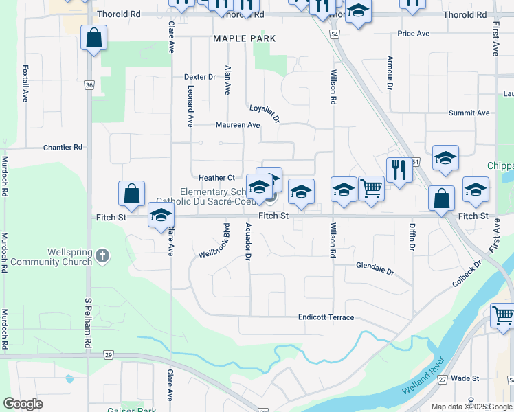 map of restaurants, bars, coffee shops, grocery stores, and more near 380 Fitch Street in Welland