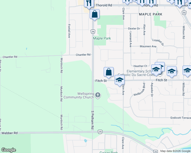 map of restaurants, bars, coffee shops, grocery stores, and more near 591 Fitch Street in Welland