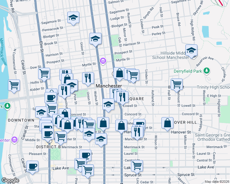 map of restaurants, bars, coffee shops, grocery stores, and more near 73 Ash Street East Back in Manchester