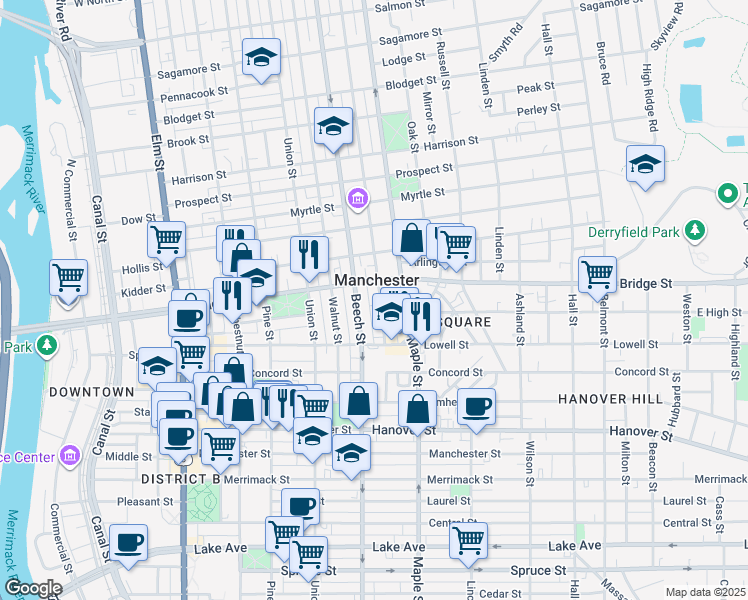 map of restaurants, bars, coffee shops, grocery stores, and more near 585 New Hampshire 28 in Manchester