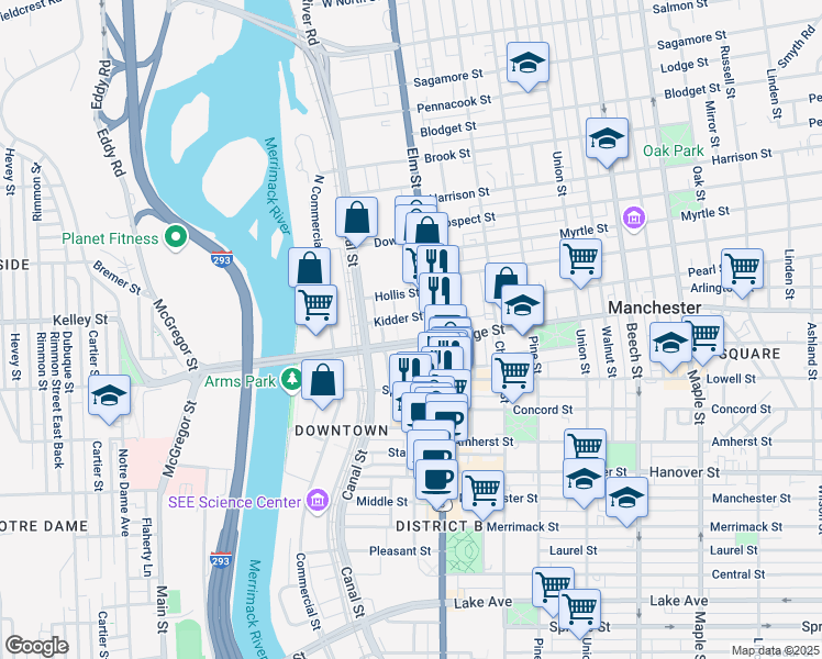 map of restaurants, bars, coffee shops, grocery stores, and more near 48 Bridge Street in Manchester