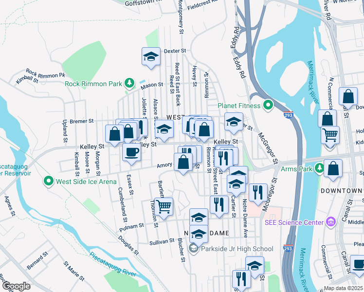 map of restaurants, bars, coffee shops, grocery stores, and more near 546 Montgomery Street in Manchester