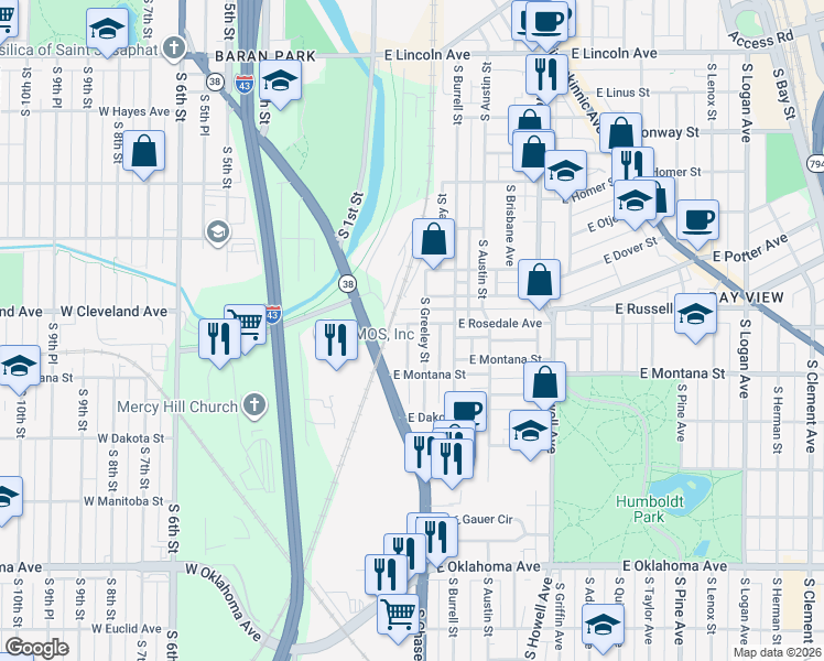 map of restaurants, bars, coffee shops, grocery stores, and more near 2715 South Gladstone Place in Milwaukee