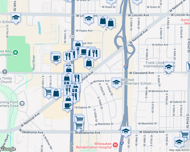 map of restaurants, bars, coffee shops, grocery stores, and more near 10230 West Montana Avenue in West Allis