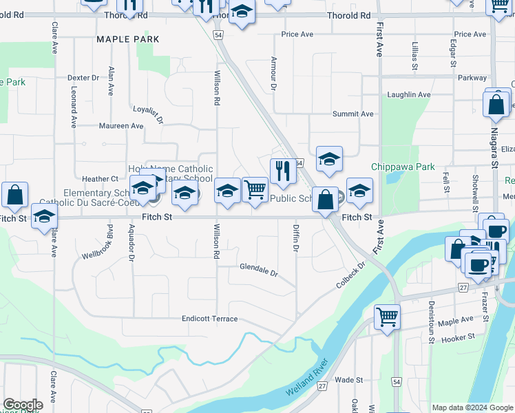 map of restaurants, bars, coffee shops, grocery stores, and more near 14 Westdale Drive in Welland