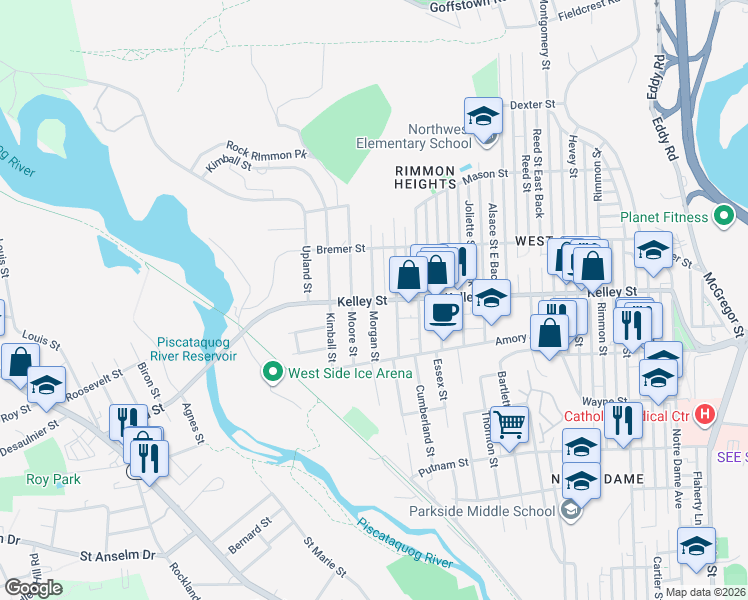 map of restaurants, bars, coffee shops, grocery stores, and more near 475 Kelley Street in Manchester
