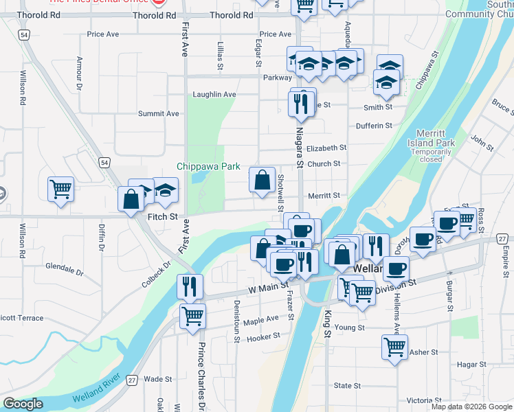 map of restaurants, bars, coffee shops, grocery stores, and more near 38 Fitch Street in Welland