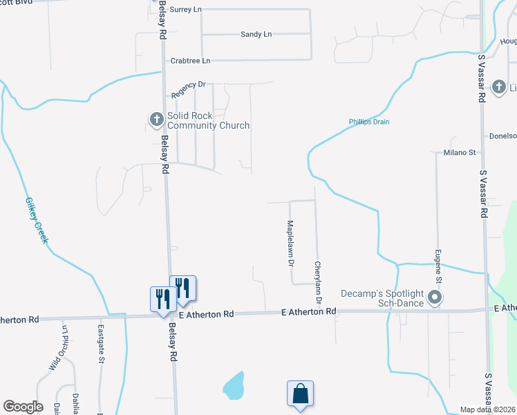 map of restaurants, bars, coffee shops, grocery stores, and more near 2342 Maplelawn Drive in Burton