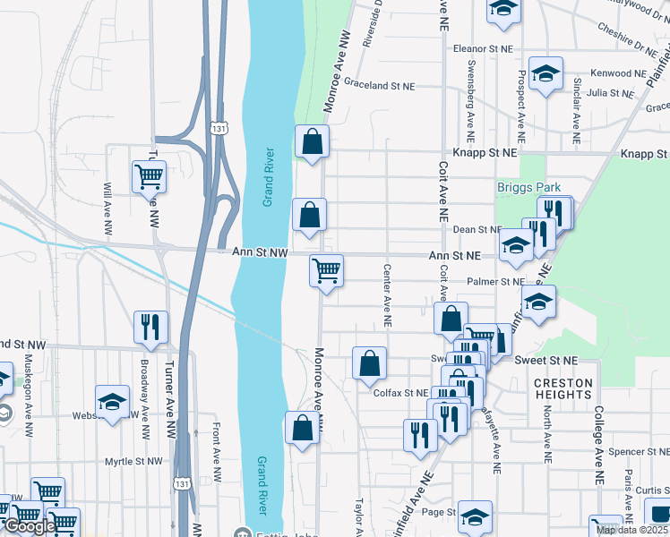 map of restaurants, bars, coffee shops, grocery stores, and more near 1745 Cusick Place Northwest in Grand Rapids