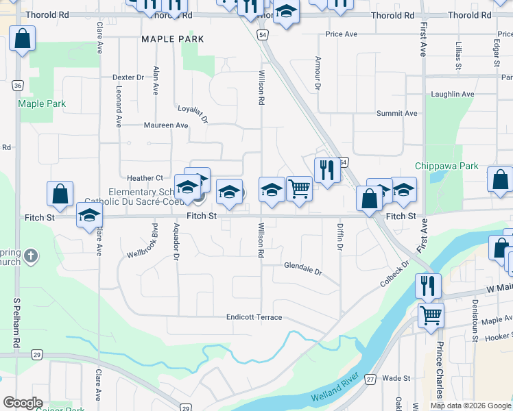 map of restaurants, bars, coffee shops, grocery stores, and more near 256 Fitch Street in Welland