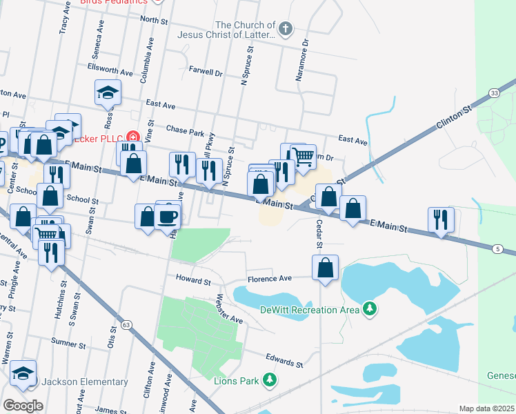 map of restaurants, bars, coffee shops, grocery stores, and more near 554 East Main Street in Batavia