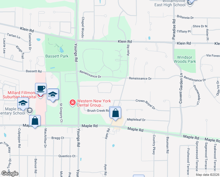 map of restaurants, bars, coffee shops, grocery stores, and more near 1155 Youngs Road in Buffalo