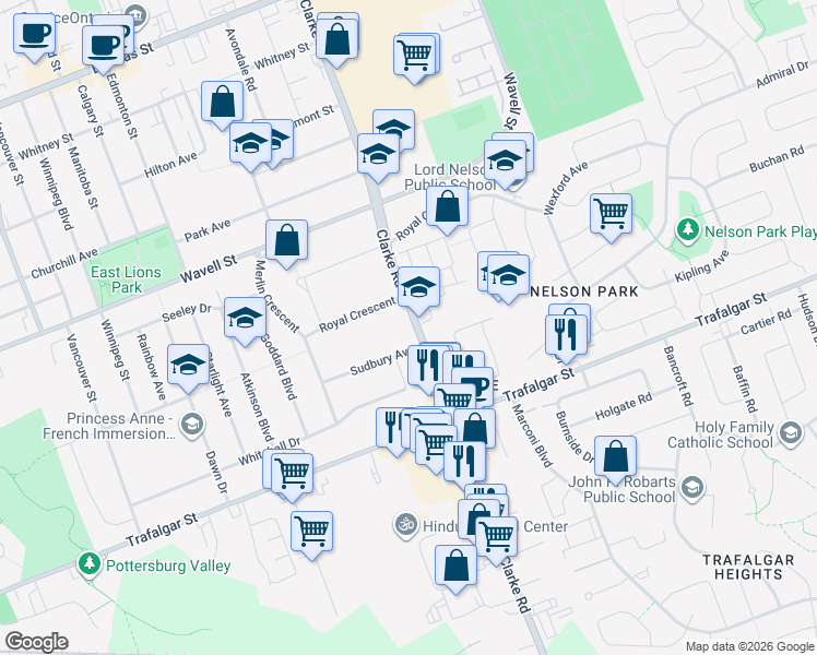 map of restaurants, bars, coffee shops, grocery stores, and more near 195 Clarke Road in London