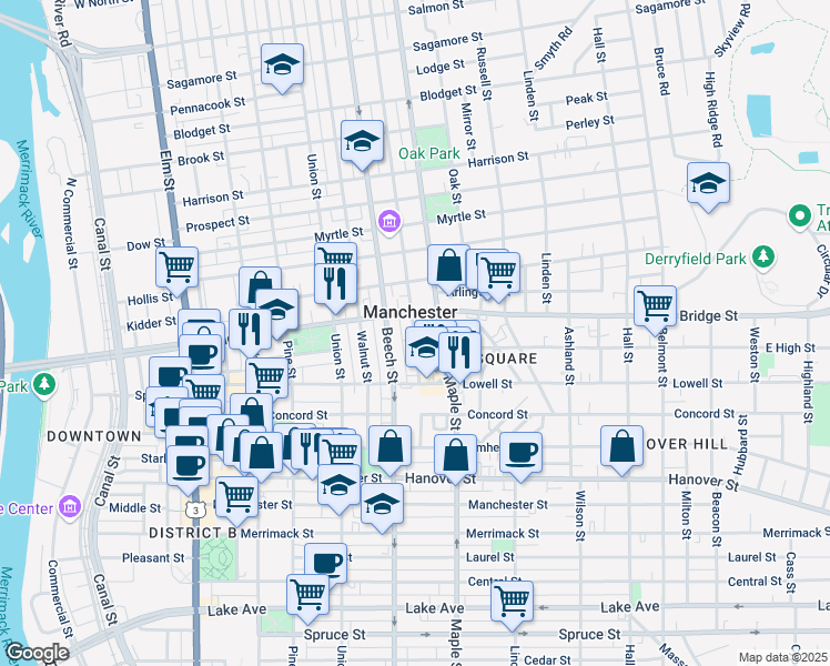 map of restaurants, bars, coffee shops, grocery stores, and more near 73 Ash Street East Back in Manchester
