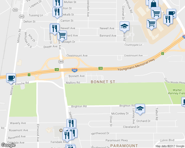 map of restaurants, bars, coffee shops, grocery stores, and more near 4-18 Concord Court in Tonawanda