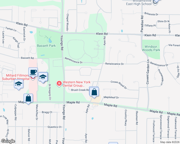 map of restaurants, bars, coffee shops, grocery stores, and more near 1165 Youngs Road in Buffalo