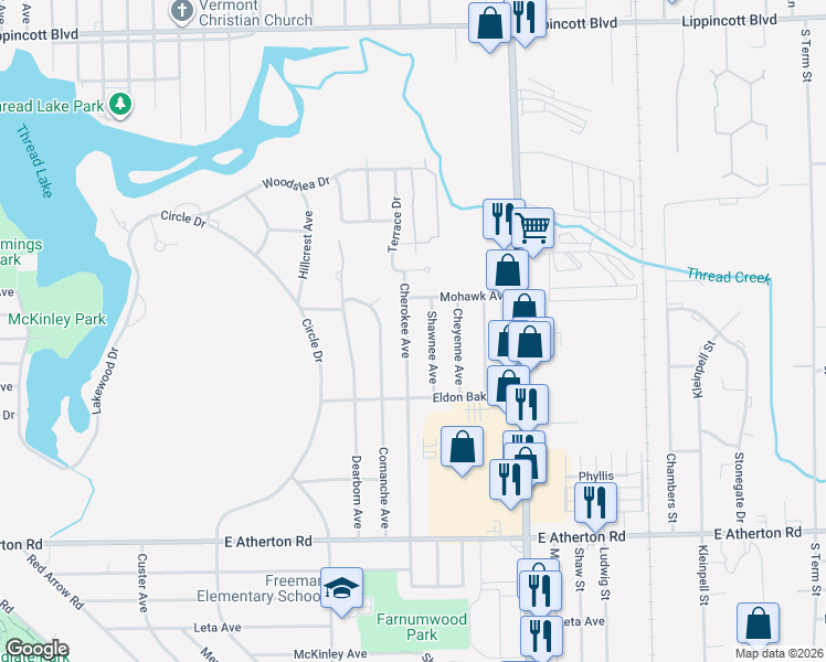 map of restaurants, bars, coffee shops, grocery stores, and more near 3005 Cherokee Avenue in Flint