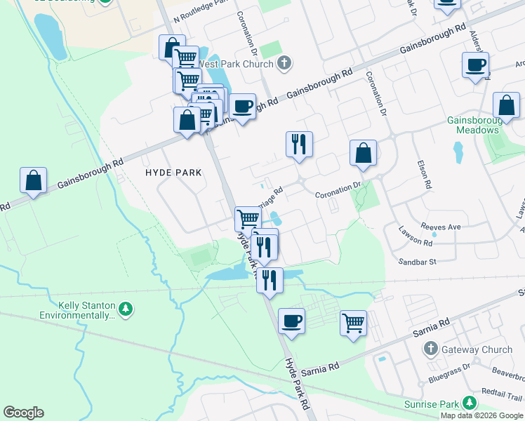 map of restaurants, bars, coffee shops, grocery stores, and more near 1872 Finley Crescent in London