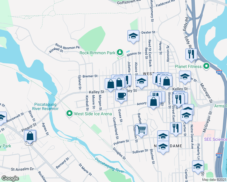 map of restaurants, bars, coffee shops, grocery stores, and more near 96 Boutwell Street in Manchester