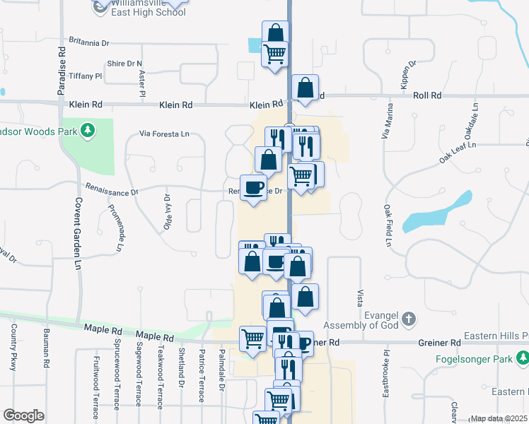 map of restaurants, bars, coffee shops, grocery stores, and more near 8290 Transit Road in Buffalo