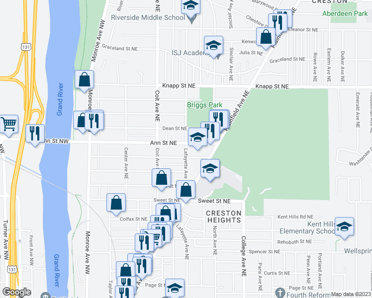 map of restaurants, bars, coffee shops, grocery stores, and more near 1749 Lafayette Avenue Northeast in Grand Rapids
